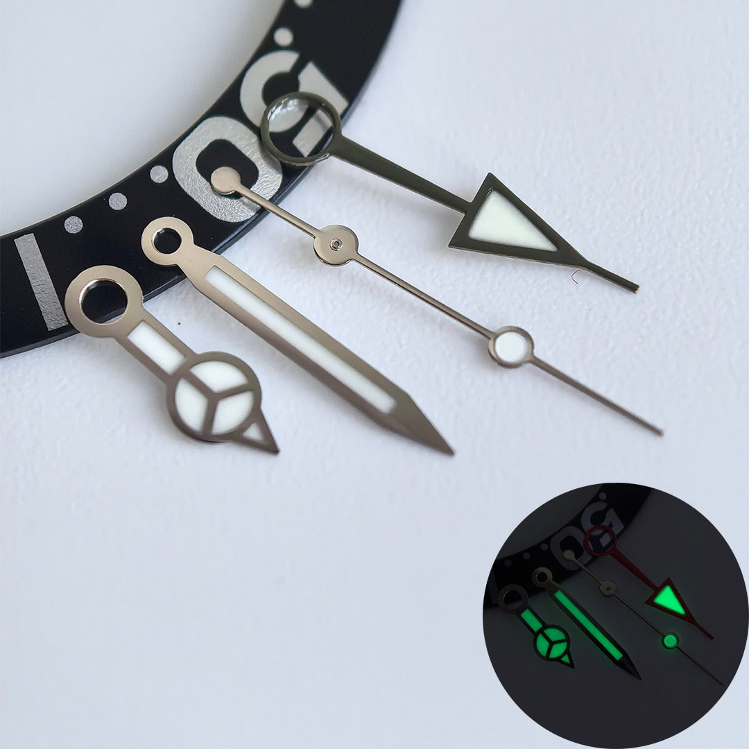 Green lume black GMT watch hand with silver trim, compatible with NH34 movement, precision-crafted accessory.