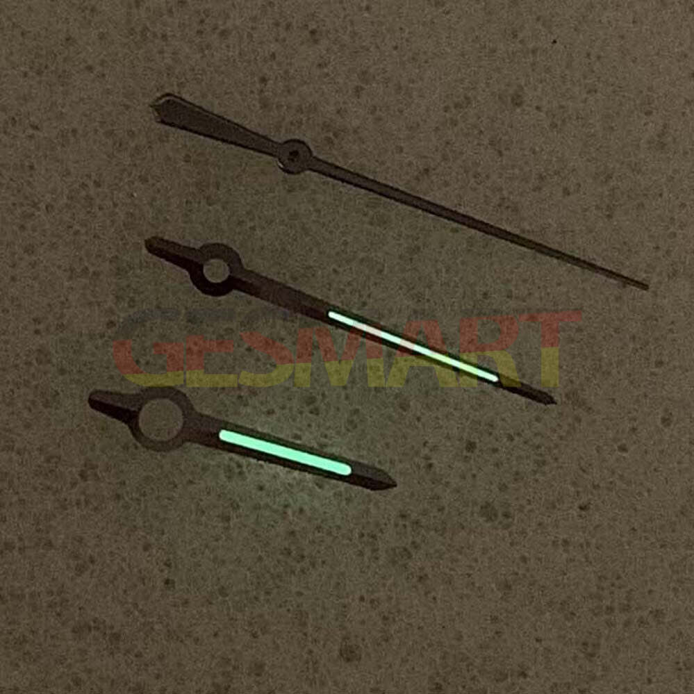 Green luminous watch hands with black trim, compatible with NH35/NH36/4R/7S movements for precise timekeeping.