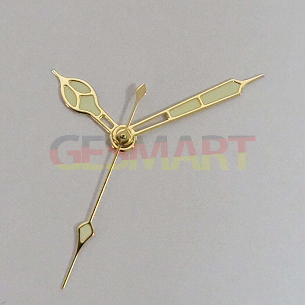 Green luminous watch hands with black and gold trim for NH35, NH36, 4R, 7S movements.