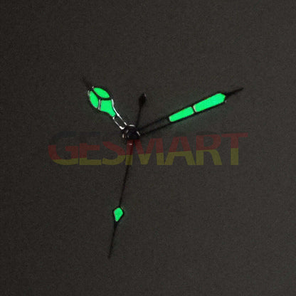 Green luminous watch hands with black and gold trim for NH35, NH36, 4R, 7S movements.