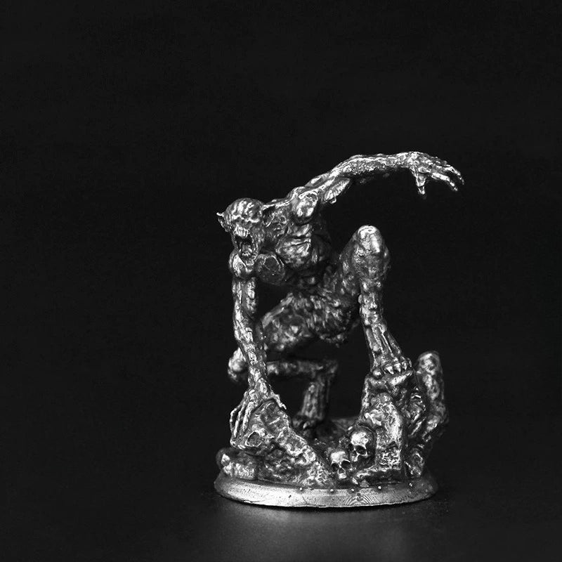 White Brass Figurine Ghoul Monster Miniature - Crouching Undead on Rocks Figure