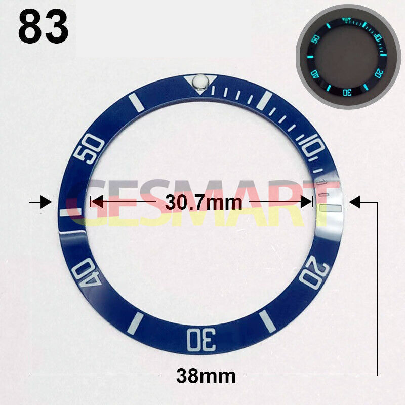 Blue luminous 38mm ceramic slope bezel with silver font for watch accessories.