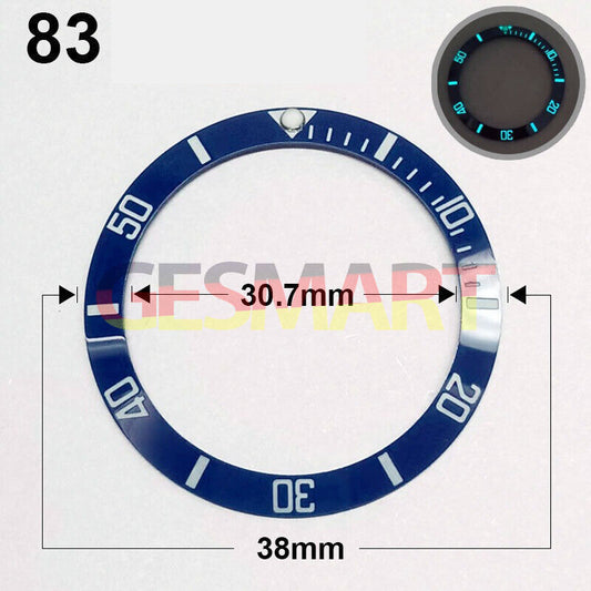 Blue luminous 38mm ceramic slope bezel with silver font for watch accessories.
