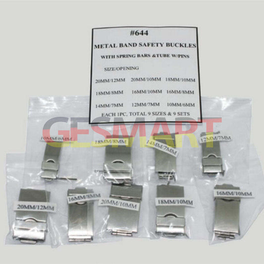 Set of 9 stainless steel watch bands with safety buckles, spring bars, and pins for secure fit.