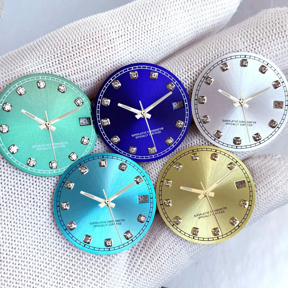 Mod Diamond Index 28.5mm watch dial in silver blue green, compatible with NH35A NH36A automatic movements.