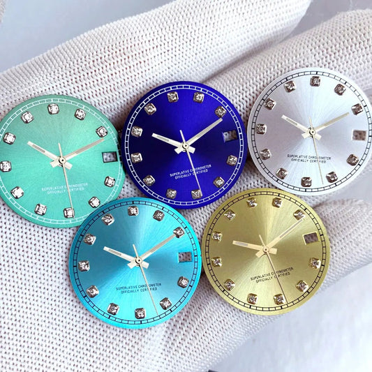 Mod Diamond Index 28.5mm watch dial in silver blue green, compatible with NH35A NH36A automatic movements.