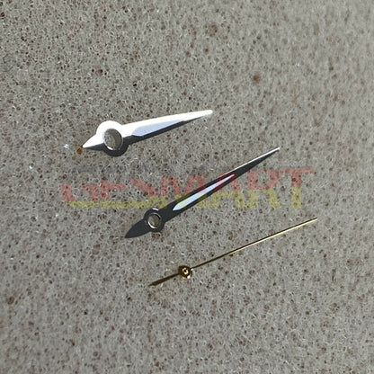 Arrow-shaped silver trim luminous green watch hands for NH35/NH36 movement, perfect for night readability.