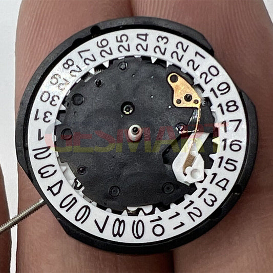 Sunon PE81 quartz watch movement with 3 hands, date at 3, small seconds at 6 and 9 positions.