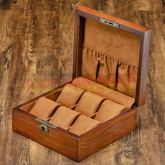 Wood watch box organizer, 6 slots for elegant storage and display of watches.