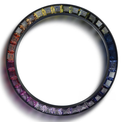 Daytona black base watch bezel with T-shaped square moissanite and vibrant inclined rainbow accents by Daytona.