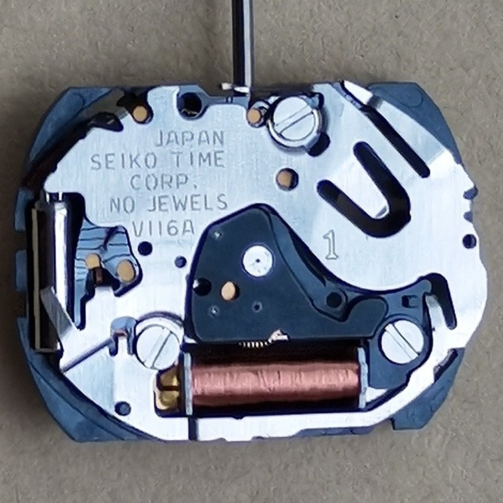 Seiko V116A quartz movement watch repair part, original Japan-made for precise timekeeping.