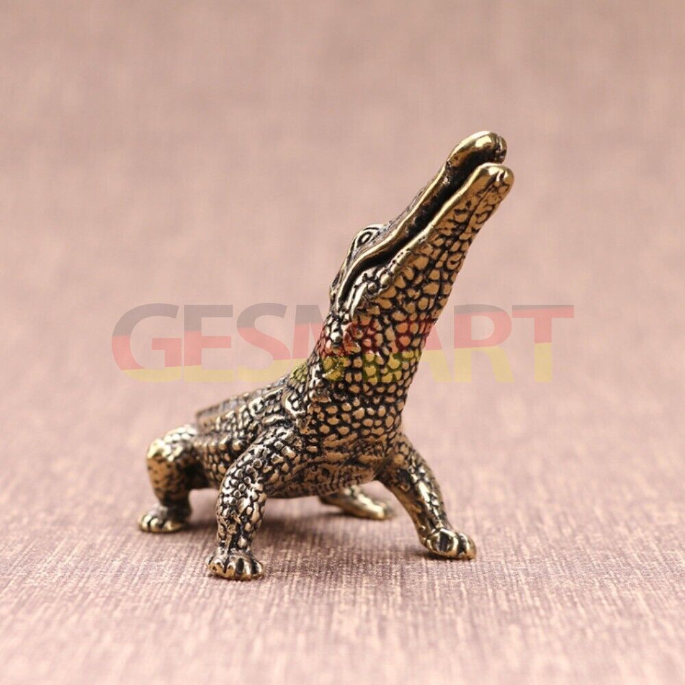 Hand-carved solid copper crocodile trinket, detailed bronze finish figurine for decor.