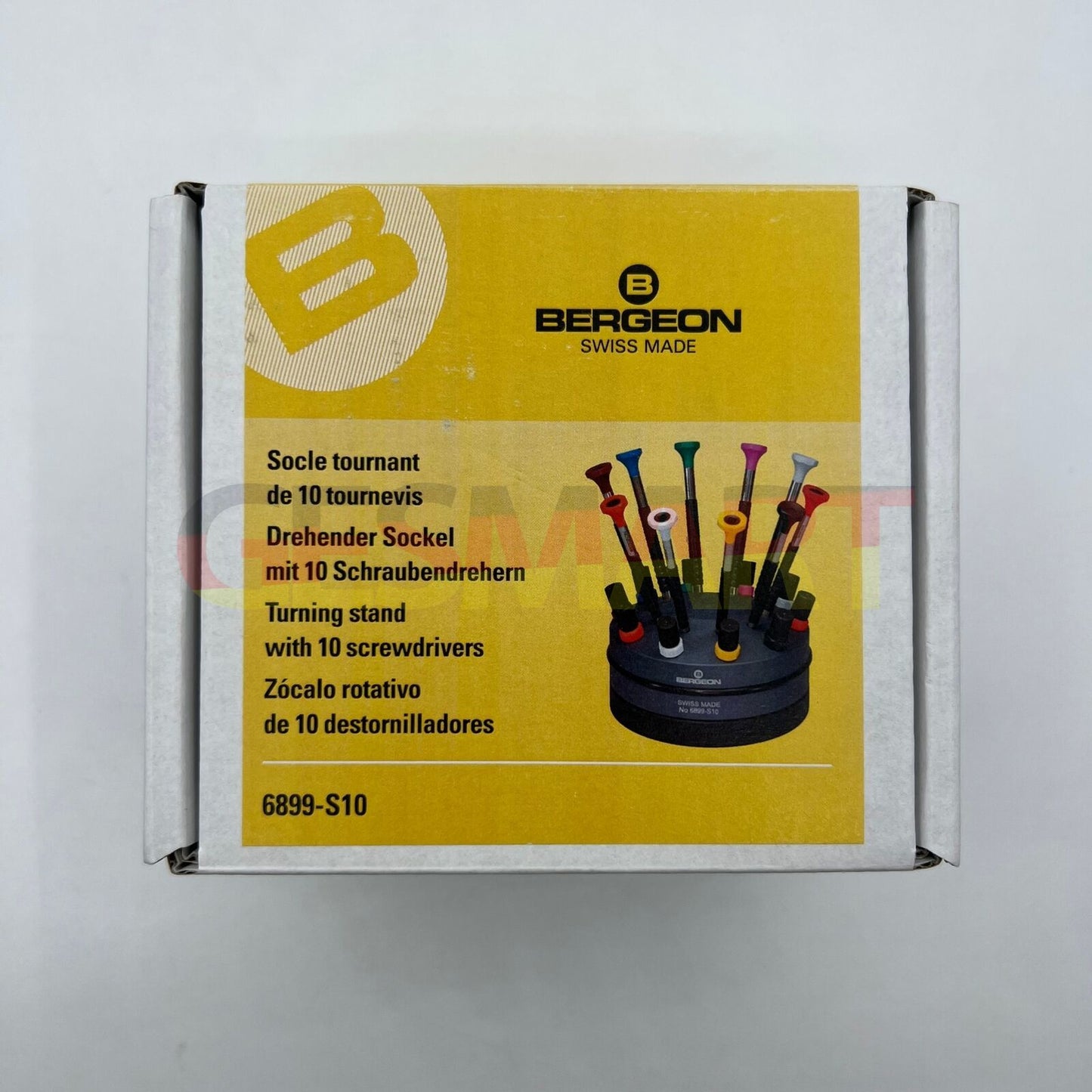 Bergeon 6899-S10 stainless steel screwdrivers set with elastomer handles for watch accessory repairs.