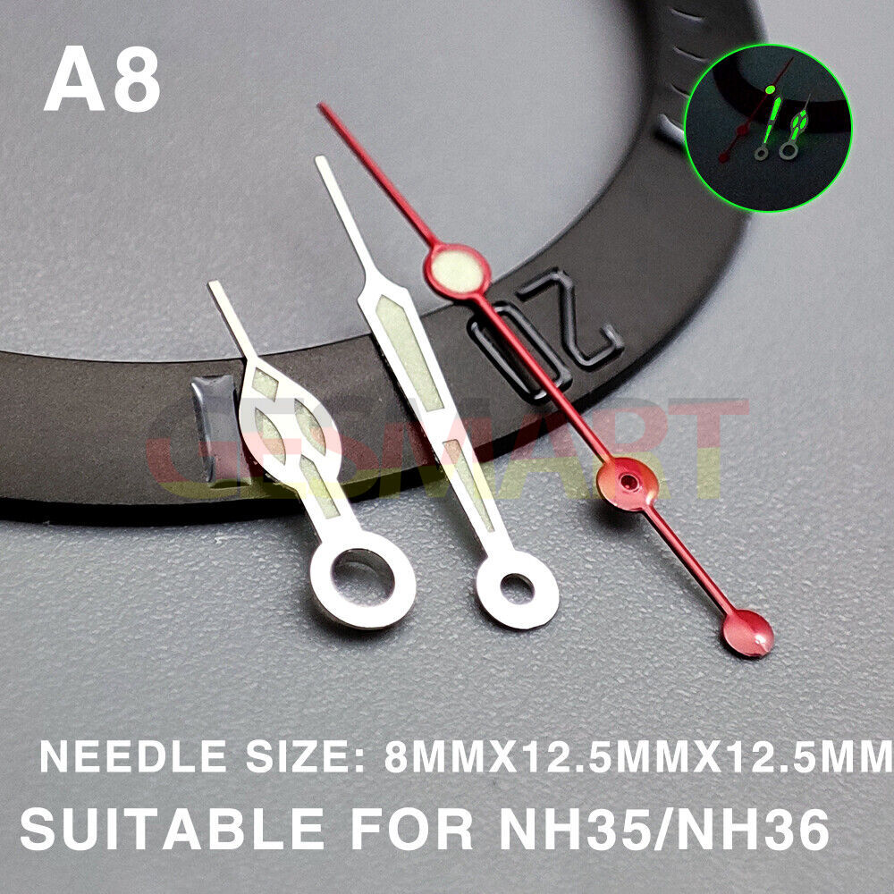 Green luminous watch hands with silver trim and red second hand, 12.5mm, compatible with Miyota NH35/NH36.