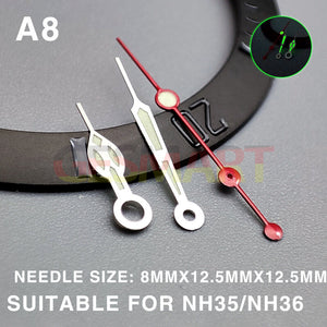 Green Luminous Silver Trim Red Second 12.5mm Watch Hands for Miyota NH35/NH36