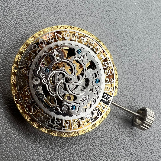 Hangzhou 2189 golden hollow watch movement showcasing intricate mechanical single calendar design.