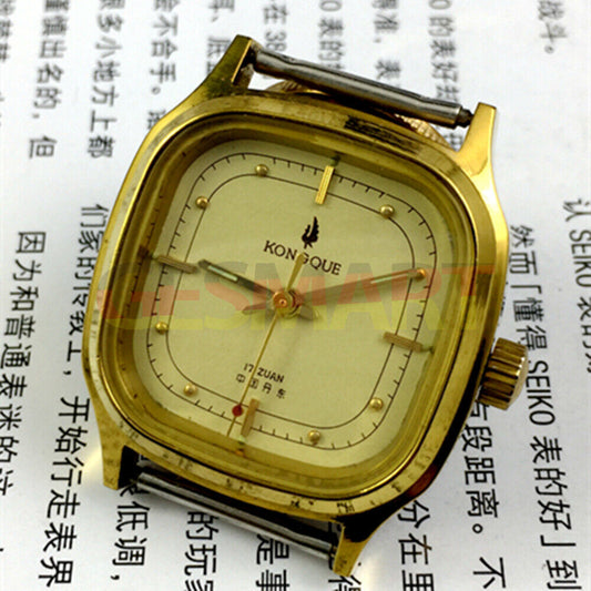 33mm Kongque Steel Manual Mechanical Watch with 17 Jewels, Golden Dial, and Adjustable Band