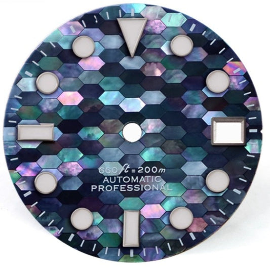 Blue luminous watch dial with natural seashell texture, 28.5mm for NH35 movement by No Logo.