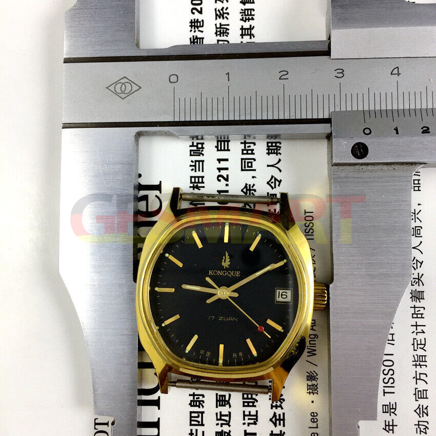 Kongque 34mm black manual mechanical watch with single calendar, 17 jewels, precise craftsmanship.