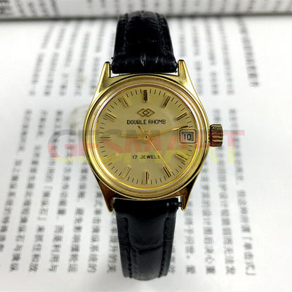 Double Rhomb lady watch with golden dial, manual mechanical movement, and single calendar by Double Rhomb.