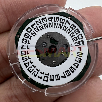 Quartz Miyota 2353 movement with 3 hands and date at 3, compatible with watch stem replacement.