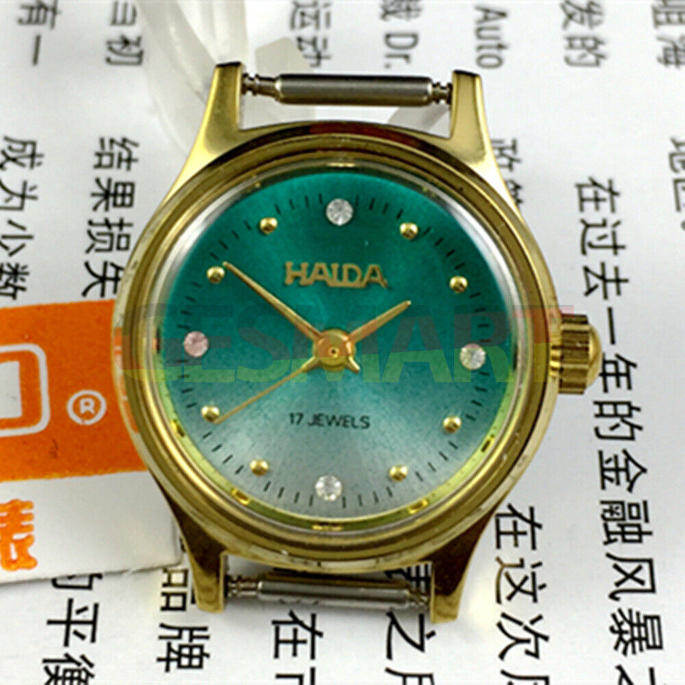 HAIDA 23mm mechanical lady watch with golden nail markers and gradient green dial, 17 jewels movement.