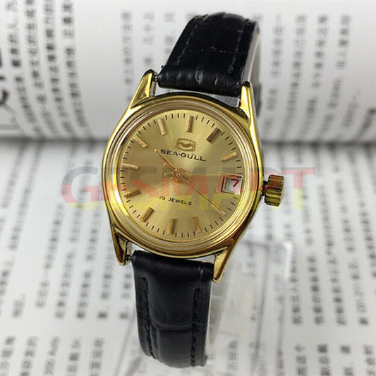 Montre mécanique à cadran rond pour femme, cadran doré, calendrier simple, motif mouette