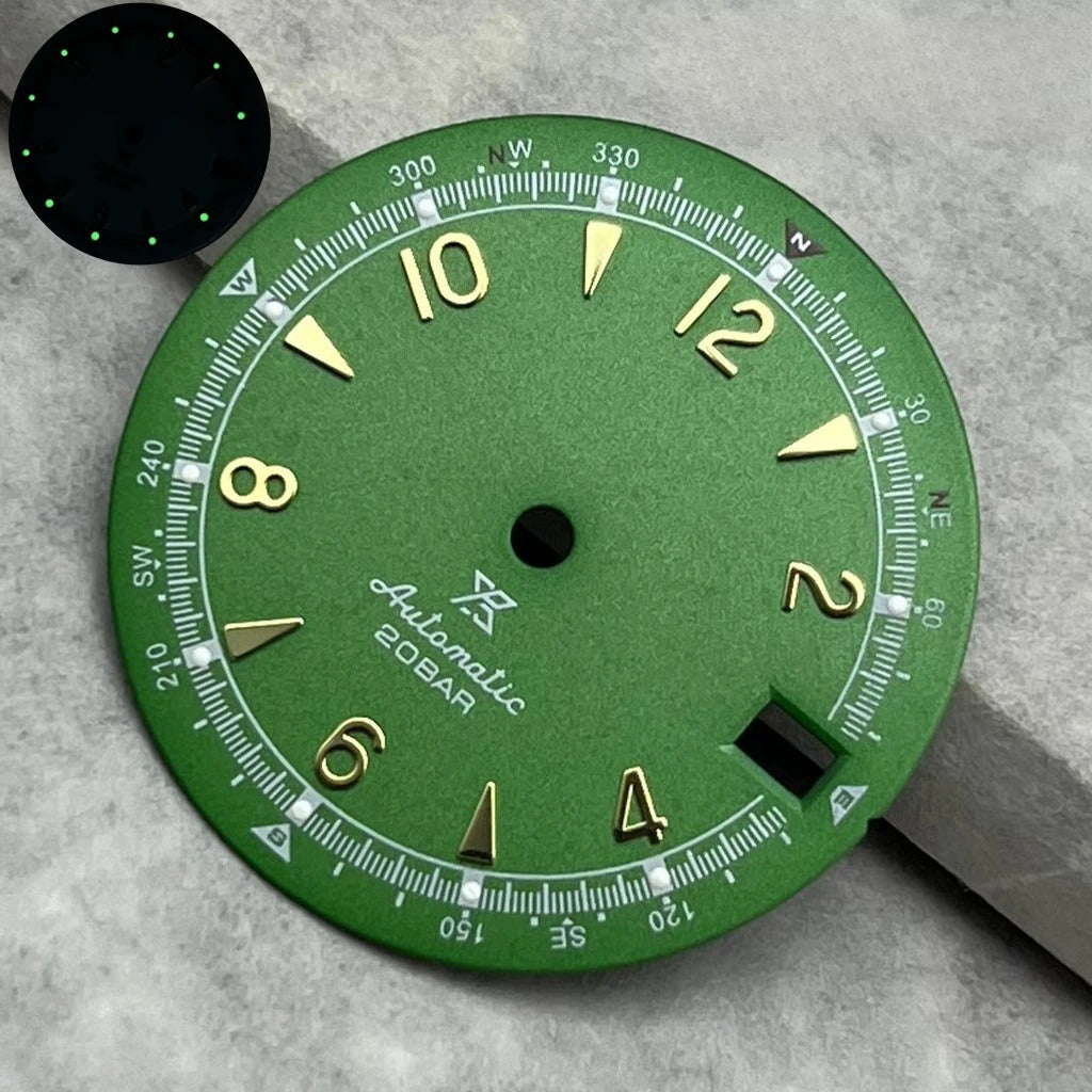 28.5Mm Green Modified Watch Dial For NH35 NH36 Movement Golden Nail