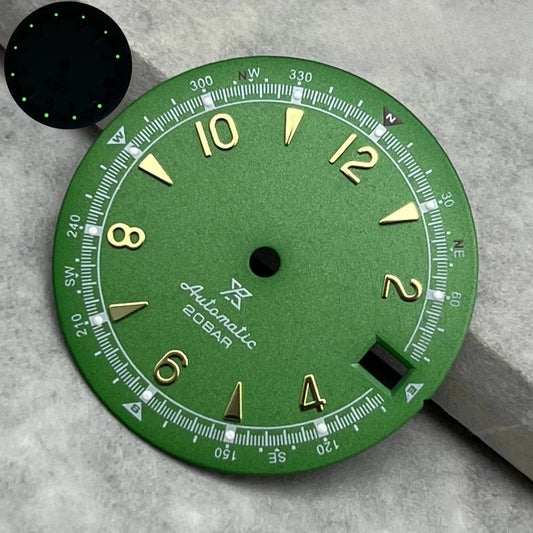 28.5Mm Green Modified Watch Dial For NH35 NH36 Movement Golden Nail