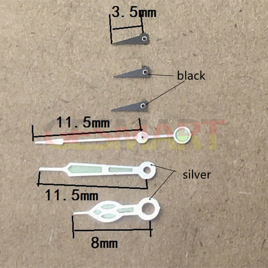 Aiguilles de montre lumineuses vertes argentées de 11,5 mm pour Miyota OS10 OS20 OS60 OS80