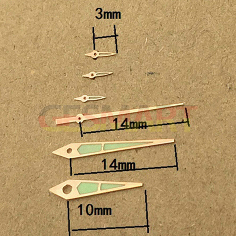 14mm green luminous watch hands with rose gold trim for ISA 9232 quartz movement