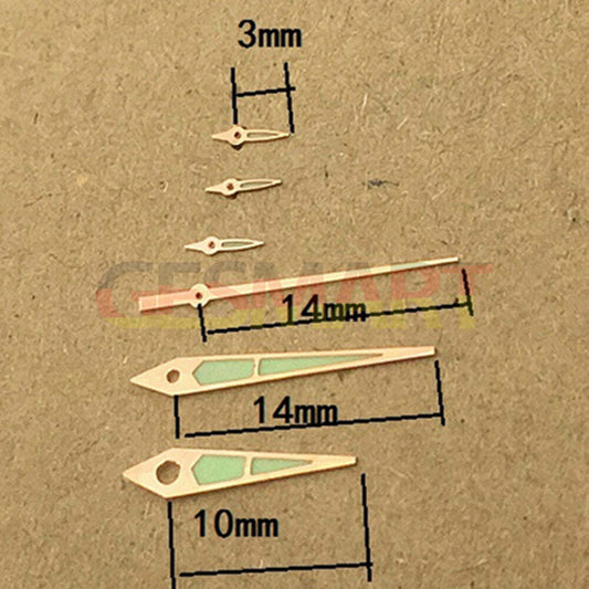14mm green luminous watch hands with rose gold trim for ISA 9232 quartz movement