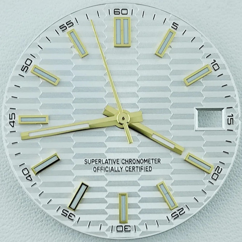 Green Lume Waved Silver Watch Dial with Golden Trim Suitable for NH35