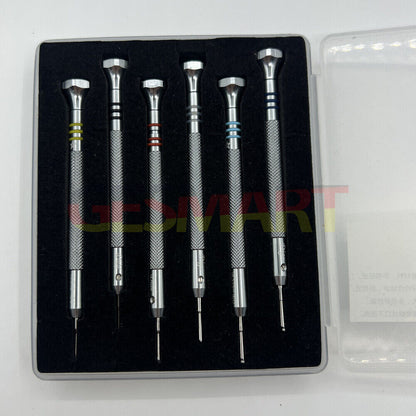 Stainless steel watch bracelet adjusting tool with 6 sizes, precise screwdriver for watch repair and adjustment.