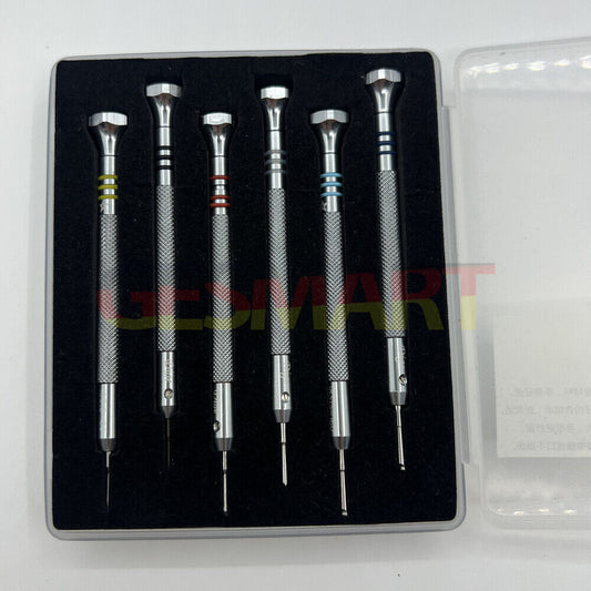 Stainless steel watch bracelet adjusting tool with 6 sizes, precise screwdriver for watch repair and adjustment.