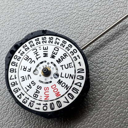 Japan PC23A Quartz watch movement showing 3 hands and double calendar functionality for precise timekeeping.