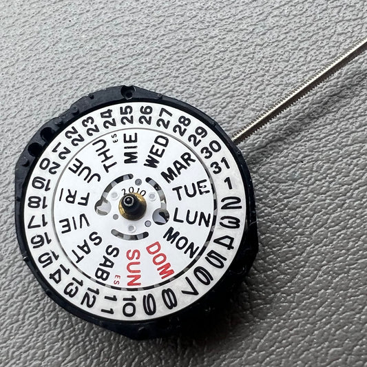 Japan PC23A Quartz watch movement showing 3 hands and double calendar functionality for precise timekeeping.
