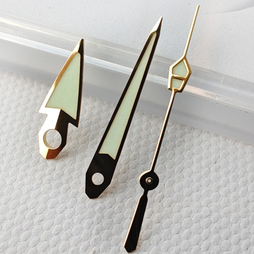 Golden Trim C3 Green Lume vintage watch hands compatible with NH34 NH35 movements, stylish and luminous.