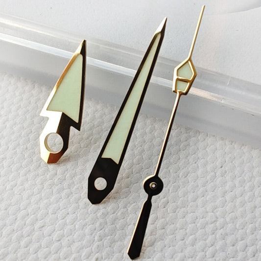 Golden Trim C3 Green Lume vintage watch hands compatible with NH34 NH35 movements, stylish and luminous.