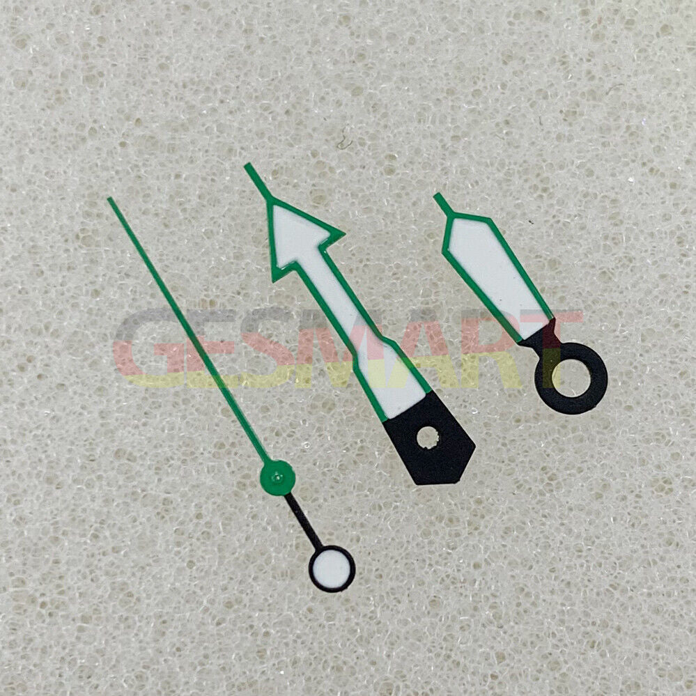 Arrow shape green luminous watch hands with green trim for NH35/NH36/4R/7S movements, Seiko compatible.
