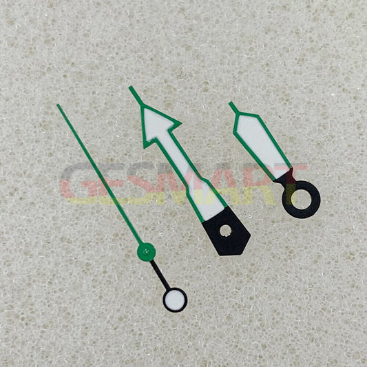 Arrow shape green luminous watch hands with green trim for NH35/NH36/4R/7S movements, Seiko compatible.