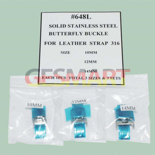 Set of 3 solid stainless steel butterfly buckles (10-14mm) for lady leather watch straps.