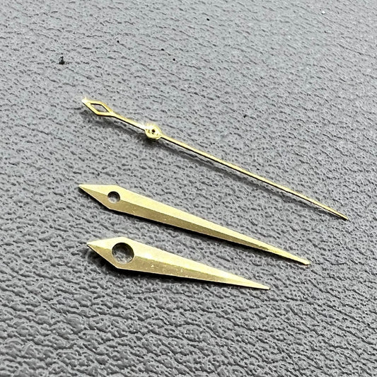 Golden rhombus tail watch hands set for NH35 NH36 NH38 movements, no lume, sleek design.