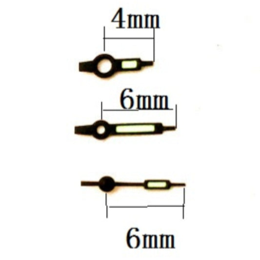 Black trim green lume watch hands designed for Miyota 2035 quartz movement, enhancing visibility.