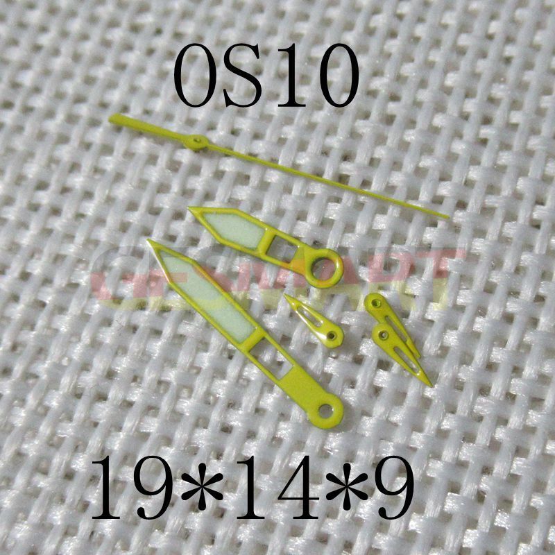 Yellow trimmed green lume watch hands for Miyota OS10 0S10 movement, precise fit.
