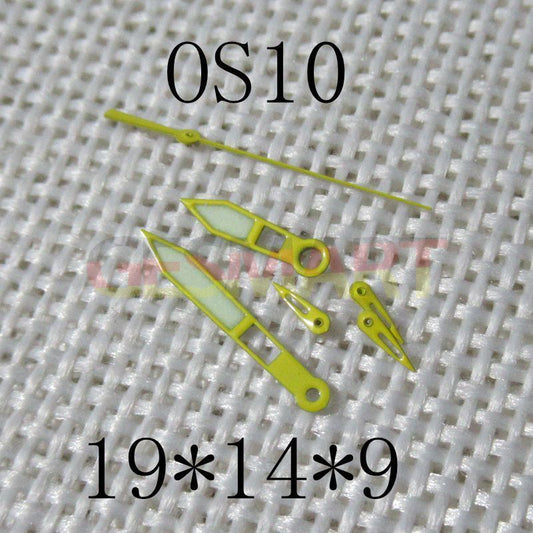 Yellow trimmed green lume watch hands for Miyota OS10 0S10 movement, precise fit.