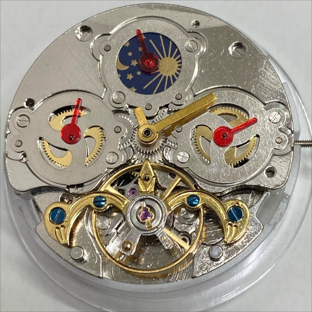 China Made multifunctional automatic mechanical watch with moon phase at 12 o'clock and exposed flywheel mechanism.