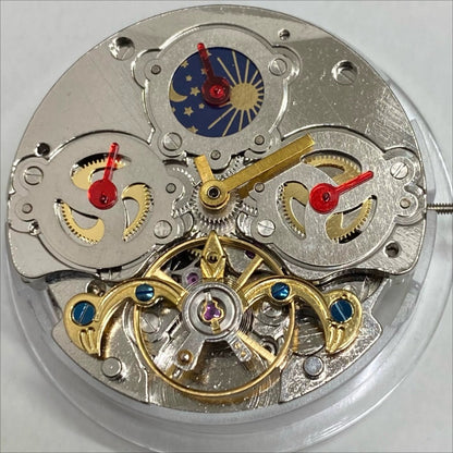 China Made multifunctional automatic mechanical watch with moon phase at 12 o'clock and exposed flywheel mechanism.