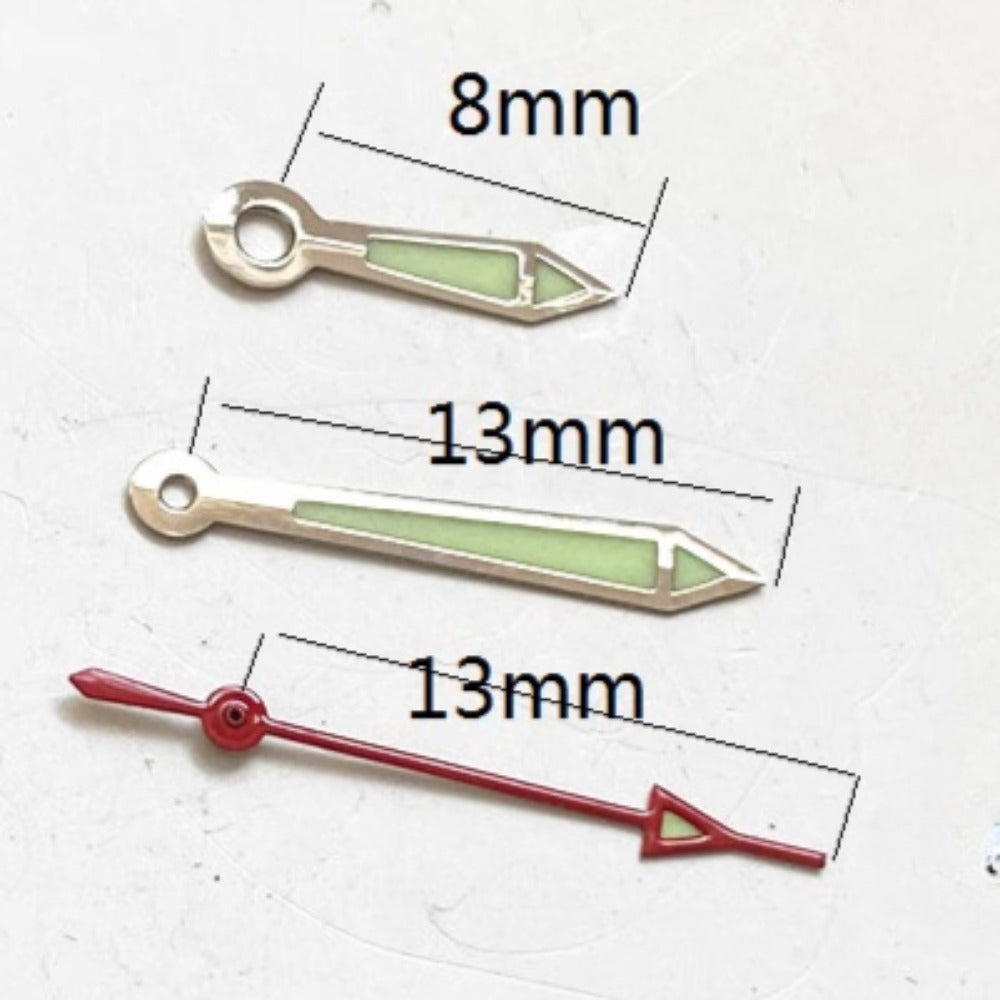 Silver trimmed green lume red second hand for Miyota 2035 watch movement, precise and luminous.