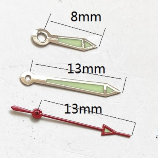 Silver trimmed green lume red second hand for Miyota 2035 watch movement, precise and luminous.